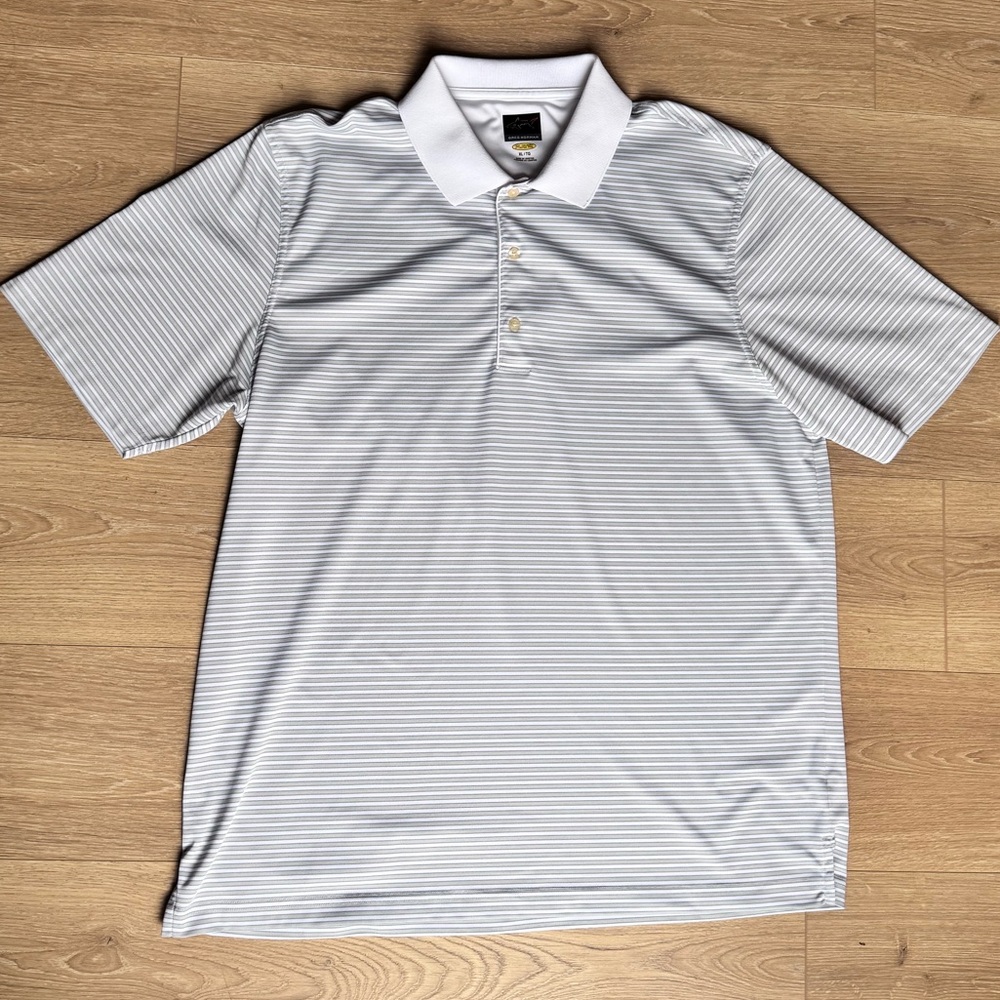 Greg Norman Men's Striped Polo Shirt - Grey/White Stripes Size XL